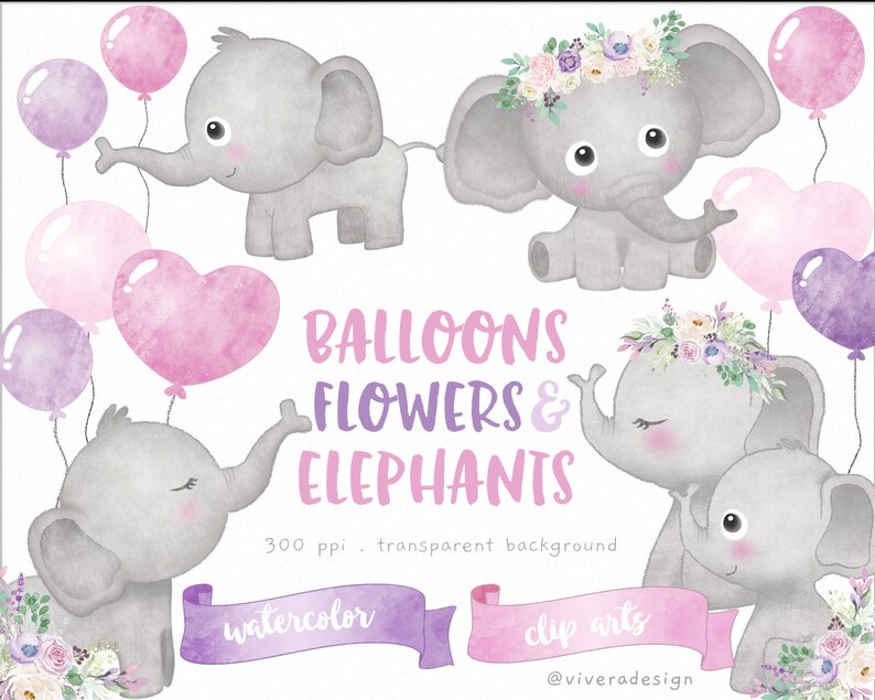 Puede incluir: Conjunto de im&aacute;genes predise&ntilde;adas de acuarela con adorables elefantes grises con globos rosas y morados, flores y un globo en forma de coraz&oacute;n. El texto "balloons flowers & elephants" est&aacute; escrito en morado y rosa.