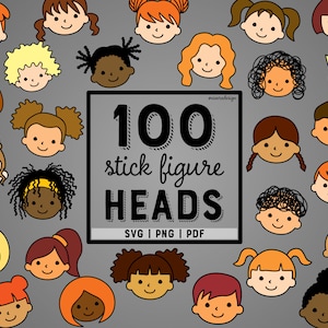 Kids Head Stick Figures - SVG | PNG | PDF - With Colors - Vector Creative Pack - 100 heads