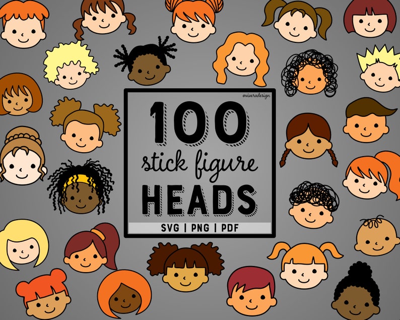 May include: A set of 100 stick figure heads in various colors and hairstyles. The heads are outlined in black and have simple facial features. The text "100 stick figure heads" is written in black on a white background. The text "SVG | PNG | PDF" is written in black on a white background.
