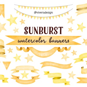 Sunburst AquarellBand Banner Clip Art - Farbtöne hellgelb - Bunt & Luftballons