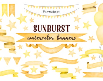 Sunburst Watercolor Ribbon Banners Clip Art - Shades of Bright Yellow - Bunting & Balloons
