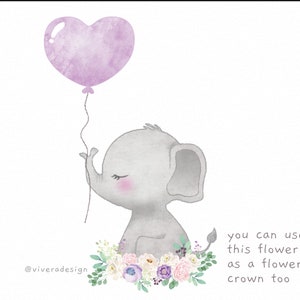 Puede incluir: Una ilustraci&oacute;n de acuarela de un elefante gris sosteniendo un globo morado en forma de coraz&oacute;n. El elefante est&aacute; sentado en un lecho de flores blancas, rosas y moradas. El texto "puedes usar este lecho de flores como una corona de flores tambi&eacute;n" est&aacute; escrito debajo del elefante.