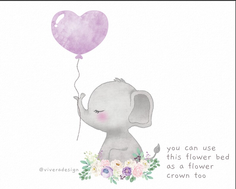 Puede incluir: Una ilustraci&oacute;n de acuarela de un elefante gris sosteniendo un globo morado en forma de coraz&oacute;n. El elefante est&aacute; sentado en un lecho de flores blancas, rosas y moradas. El texto "puedes usar este lecho de flores como una corona de flores tambi&eacute;n" est&aacute; escrito debajo del elefante.