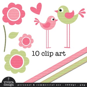 Digital Clip Art Flower Birdies in Soft Pink and Green image 2