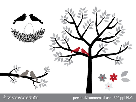 Oiseaux Arbre Nid Et Oeufs En Noir Blanc Gris Et Rouge