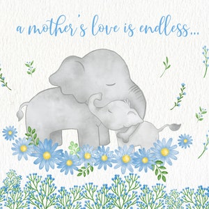 Może przedstawiać: Aquarela przedstawiająca matkę słonicę i jej młode stojące na polu niebieskich kwiat&oacute;w. Nad słoniami widnieje napis "a mother's love is endless..."