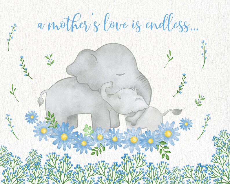 Może przedstawiać: Aquarela przedstawiająca matkę słonicę i jej młode stojące na polu niebieskich kwiat&oacute;w. Nad słoniami widnieje napis "a mother's love is endless..."