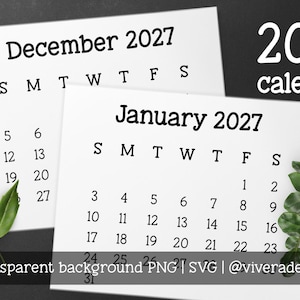 Puede incluir: Un diseño de calendario de 2027 que presenta diciembre y enero en papel blanco, con hojas verdes y el texto "2027 calendar". El diseño incluye el texto "transparent background PNG | SVG | @viveradesign".