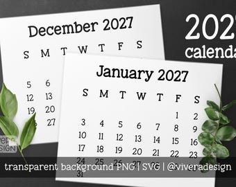 Calendario 2027 con imágenes prediseñadas en fuente tipográfica / SVG / PNG / Descarga instantánea