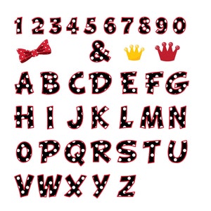 Digital Clip Art White Polka Dot on Black Letters and Numbers with Red Outine and additional Bow, and Crowns image 3