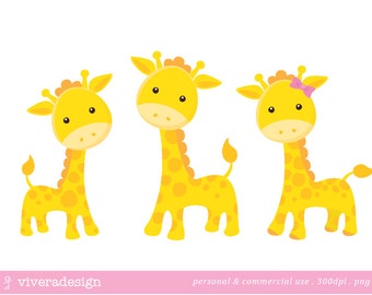 Yellow Giraffe Digital Clip Art - with a Pink and a Blue Bow