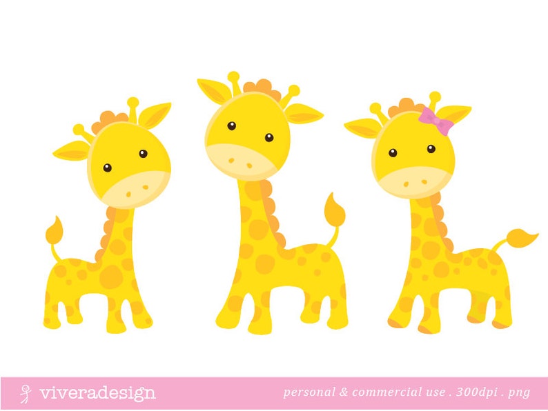 Yellow Giraffe Digital Clip Art with a Pink and a Blue Bow image 1