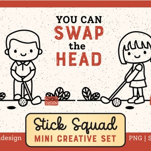 May include: Black and white line art illustration of two stick figures playing golf. The text "YOU CAN SWAP the HEAD" is above the figures. The text "Stick Squad MINI CREATIVE SET" is below the figures. The text "VIVERA STICK SQUAD" is in the upper right corner of the image. The text "@viveradesign" is in the lower left corner of the image. The text "PNG | SVG | DXF" is in the lower right corner of the image.