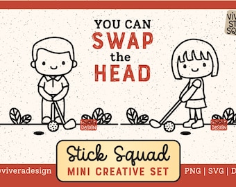 Golfing Stick Figures Clipart: Interchangeable Heads (SVG, PNG)