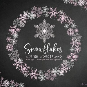 May include: A black background with a wreath of white and pink snowflakes. The text "Snowflakes Winter Wonderland 300 ppi - transparent background" is in the center of the wreath.