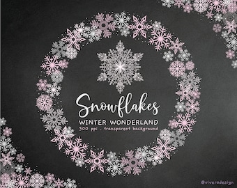 Silver Pink Snowflakes Frames and Cliparts - Digital Snowflake Circle Frames - Christmas Winter Wonderland Clip Art