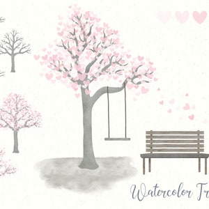Acuarela Heart Tree / Rosa / PNG / Swing / Wooden Bench / Digital Clip Art / Descarga instantánea