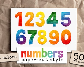 May include: Numbers 1 through 10 in a rainbow watercolor paper-cut style.  There are 50 PNG files included.  The text "numbers paper-cut style" is below the numbers.  The text "5 colors" is in the lower left corner and "50 PNG files" is in the lower right corner.