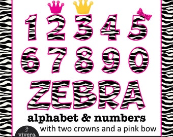 Digital Clip Art - Zebra Letters and Numbers with Hot Pink Outine and additional Pink Bow, Pink Crown and Golden Crown