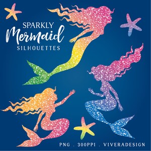 Sparkly Mermaid and Starfish Silhouette Digital Clip Art - Three mermaids, three starfish, three colors