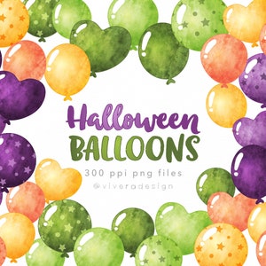Halloween aquarel ballon illustraties - gele, oranje, paarse en groene ballonnen - decoratie voor sociale media berichten, uitnodigingen en meer