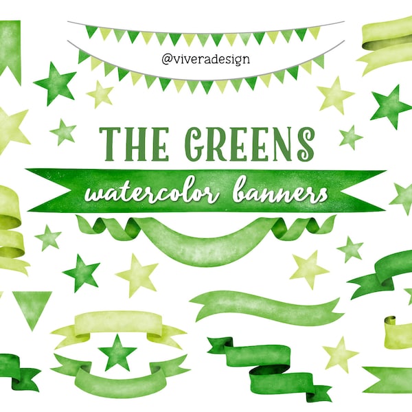 The Greens Watercolor Ribbon Banners Clip Art - Lime Green, Dark Green, Forest Green - Bunting & Balloons