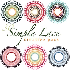 Può includere: Set di 7 disegni di pizzo circolari colorati su sfondo bianco. I disegni sono tutti diversi, ma hanno tutti uno stile simile. Il testo "30 Simple Lace creative pack" è scritto in verde sotto i disegni.
