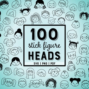 Kids Head Stick Figures - SVG | PNG | PDF - Black Lines - Line Art - Vector Creative Pack - 100 heads