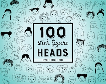 May include: A set of 100 black and white stick figure heads with different hairstyles and expressions. The text "100 stick figure HEADS SVG | PNG | PDF" is in the center of the image.