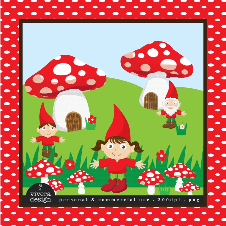 Red Mushrooms and the Gnomes Digital Clip Art image 1