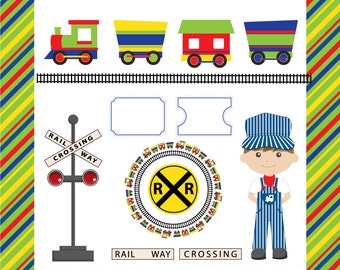All Aboard the Party Train Clip Art - in Red, Green, Yellow, and Blue