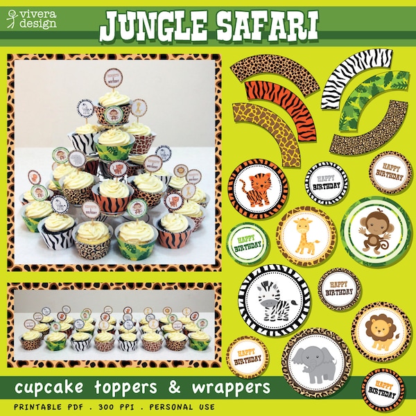 Jungle Safari  Party Printables - Cupcake Toppers and Wrappers - monkey, tiger, giraffe, zebra, lion, elephant