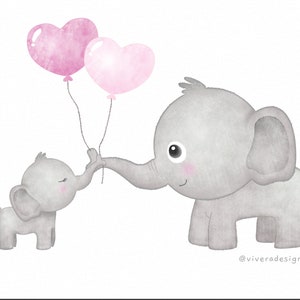 Puede incluir: Una ilustraci&oacute;n de acuarela de dos elefantes grises sosteniendo globos rosados en forma de coraz&oacute;n. El elefante m&aacute;s grande sostiene los globos con su trompa, mientras que el elefante m&aacute;s peque&ntilde;o est&aacute; alcanzando para tocar los globos. El texto "@viveradesign" est&aacute; en la esquina inferior derecha de la imagen.