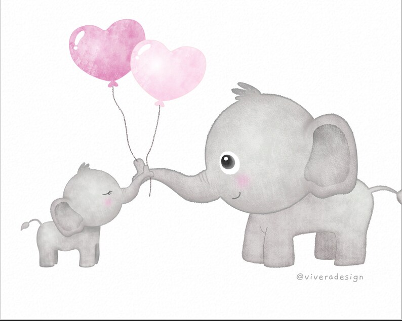 Puede incluir: Una ilustraci&oacute;n de acuarela de dos elefantes grises sosteniendo globos rosados en forma de coraz&oacute;n. El elefante m&aacute;s grande sostiene los globos con su trompa, mientras que el elefante m&aacute;s peque&ntilde;o est&aacute; alcanzando para tocar los globos. El texto "@viveradesign" est&aacute; en la esquina inferior derecha de la imagen.