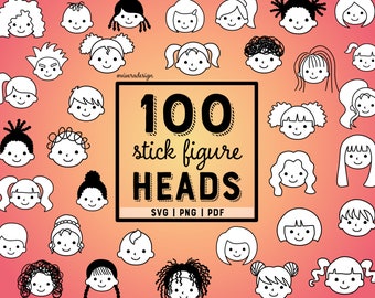 Kids Head Stick Figures - SVG | PNG | PDF - Black Lines White Fill - Line Art - Vector Creative Pack - 100 heads