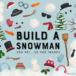 Handbeschilderd Build A Snowman-clipart - winters tafereel - besneeuwde dennenbomen, wintermutsen