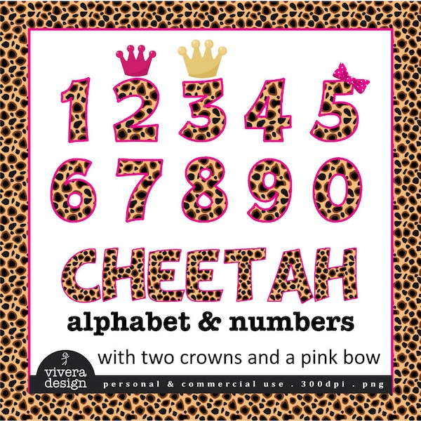 Cheetah Print Letters & Numbers Clip Art: Pink Outline, Crowns (Digital Download)