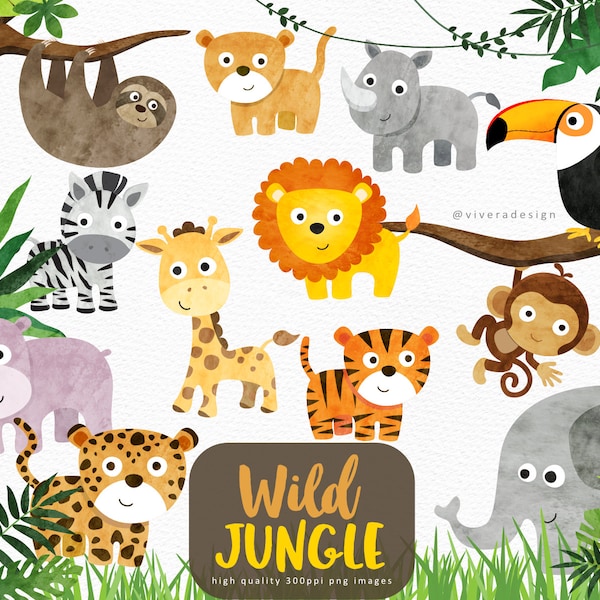 Wild Jungle Safari Animals - Watercolor Clip Arts - Tropical Leaves, Trees, and Grasses - Tiger, Monkey, Lion, Toucan, Sloth, Zebra, Giraffe