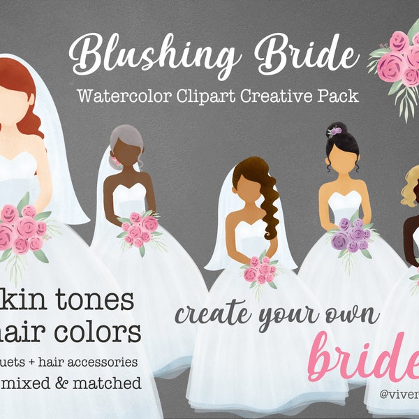 Bride Watercolor Clip Art - Blushing Brides - Creative Pack - Sublimation PNG - Female Figure Cliparts - 52 Images