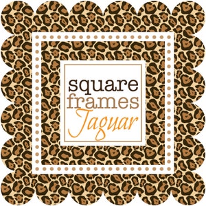 Puede incluir: Un marco cuadrado con un patrón de estampado de leopardo marrón y beige. El marco tiene un borde blanco con lunares marrones. El texto "square frames Jaguar" está en el centro del marco.