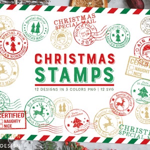 Cadres et cliparts de la poste postale de Noël - Timbres postaux numériques - Rouge, Vert, Or - Téléchargement instantané