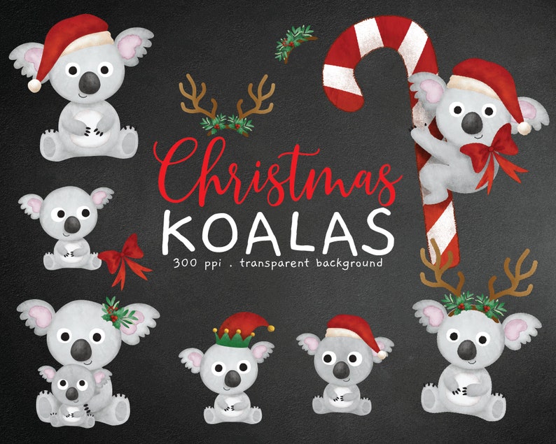 Christmas Koala Watercolor Clip Art Holiday Watercolor | Etsy