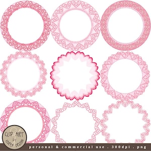 Images clipart numériques - Cadres circulaires - Pretty Pink Hearts
