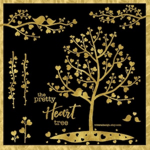 The Pretty Heart Tree in Gold - Clip Art numérique - Téléchargement instantané - Arbres, branches, vignes et oiseaux