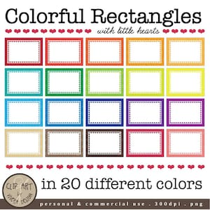 Può includere: Venti cornici rettangolari colorate con un contorno bianco e un bordo di piccoli cuori bianchi. Le cornici sono di diversi colori, tra cui rosso, arancione, giallo, verde, blu, viola e marrone. Il testo "Colorful Rectangles with little hearts" è nella parte superiore dell'immagine, e il testo "in 20 different colors" è nella parte inferiore dell'immagine. Il testo "personal & commercial use. 300dpi. png" è nella parte inferiore dell'immagine.
