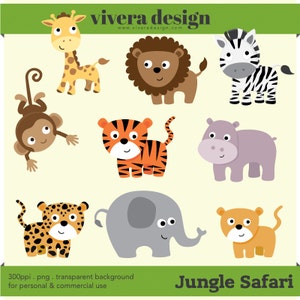 Baby Jungle Safari Animal Clip Art - singe, tigre, girafe, zèbre, lion, éléphant, hippopotame, guépard - Téléchargements instantanés