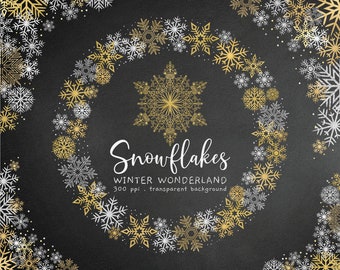 Gold Silver Snowflakes Frames and Cliparts - Digital Snowflake Circle Frames - Glitter Glam Glitzy Snowflakes