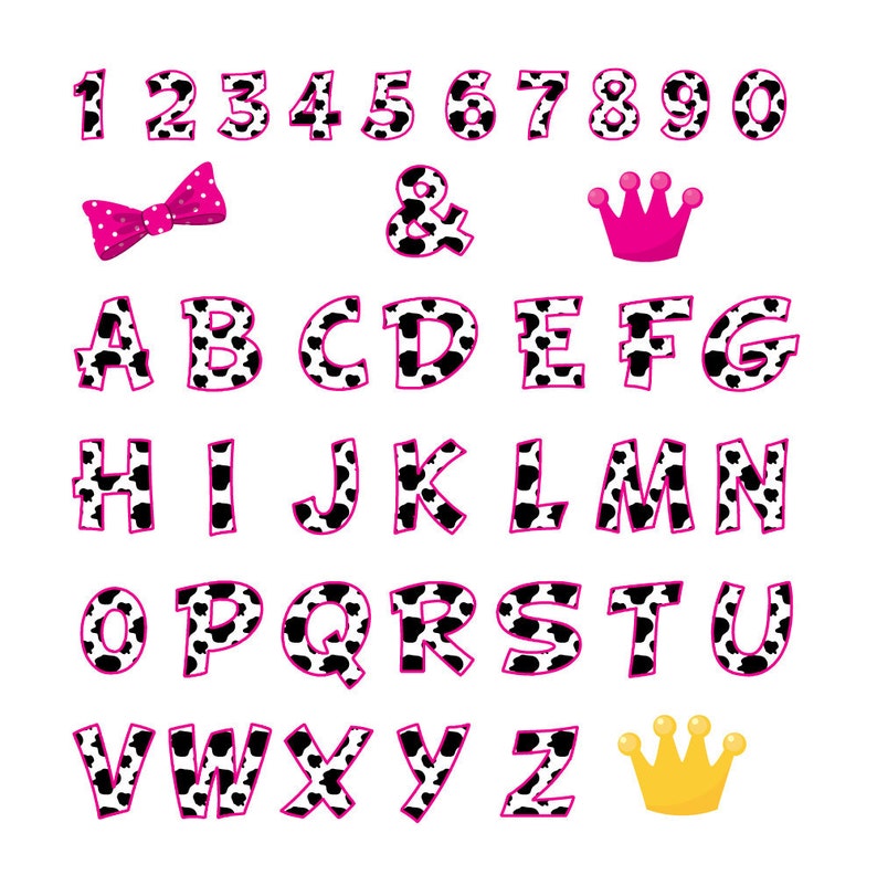 digital clip art cow letters and numbers with hot pink etsy