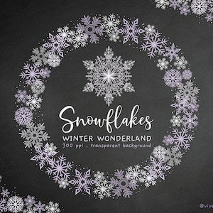 Silver Lavender Snowflakes Frames and Cliparts - Digital Snowflake Circle Frames - Christmas Winter Wonderland Clip Art - Silver Purple