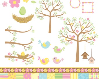 Spring is Here - Birds, Trees, Birdhouse, Nest and Papers - Digital Clip Art PACK